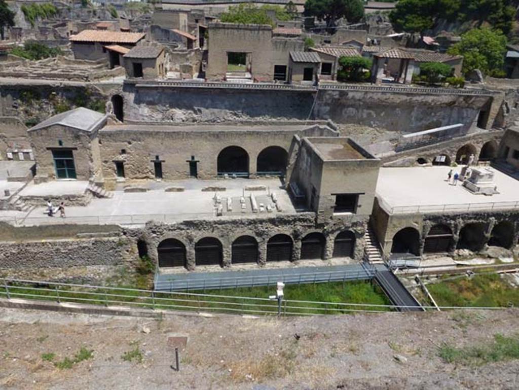 Herculaneum, June 2012. Looking north to lower level and arches of the boatsheds below the Sacred Area, on left, and Terrace of Balbus, on right. Photo courtesy of Michael Binns.